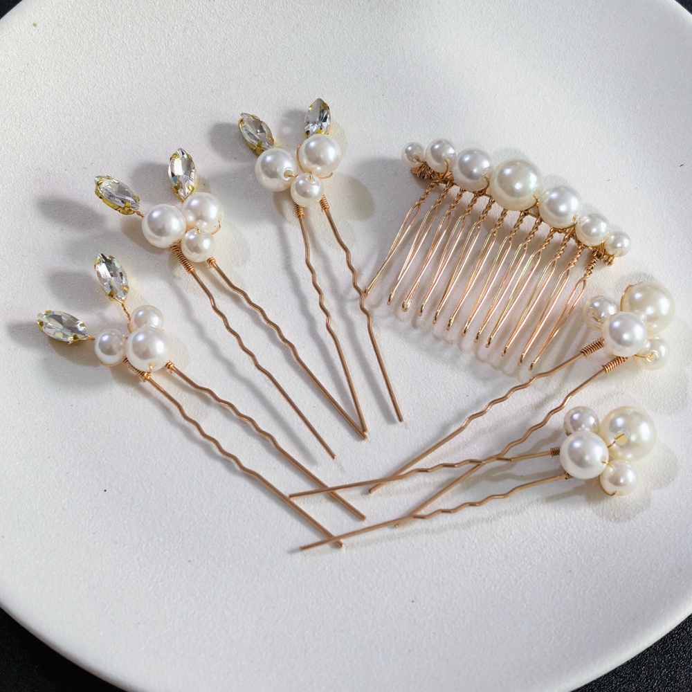 Pearl Hair Pin - กิ๊บติดผมคริสตัลมุก ชุดหวีสำหรับเจ้าสาว เครื่องประดับผมงานแต่งงาน กิ๊บติดผมรูปตัว U ทำมือ