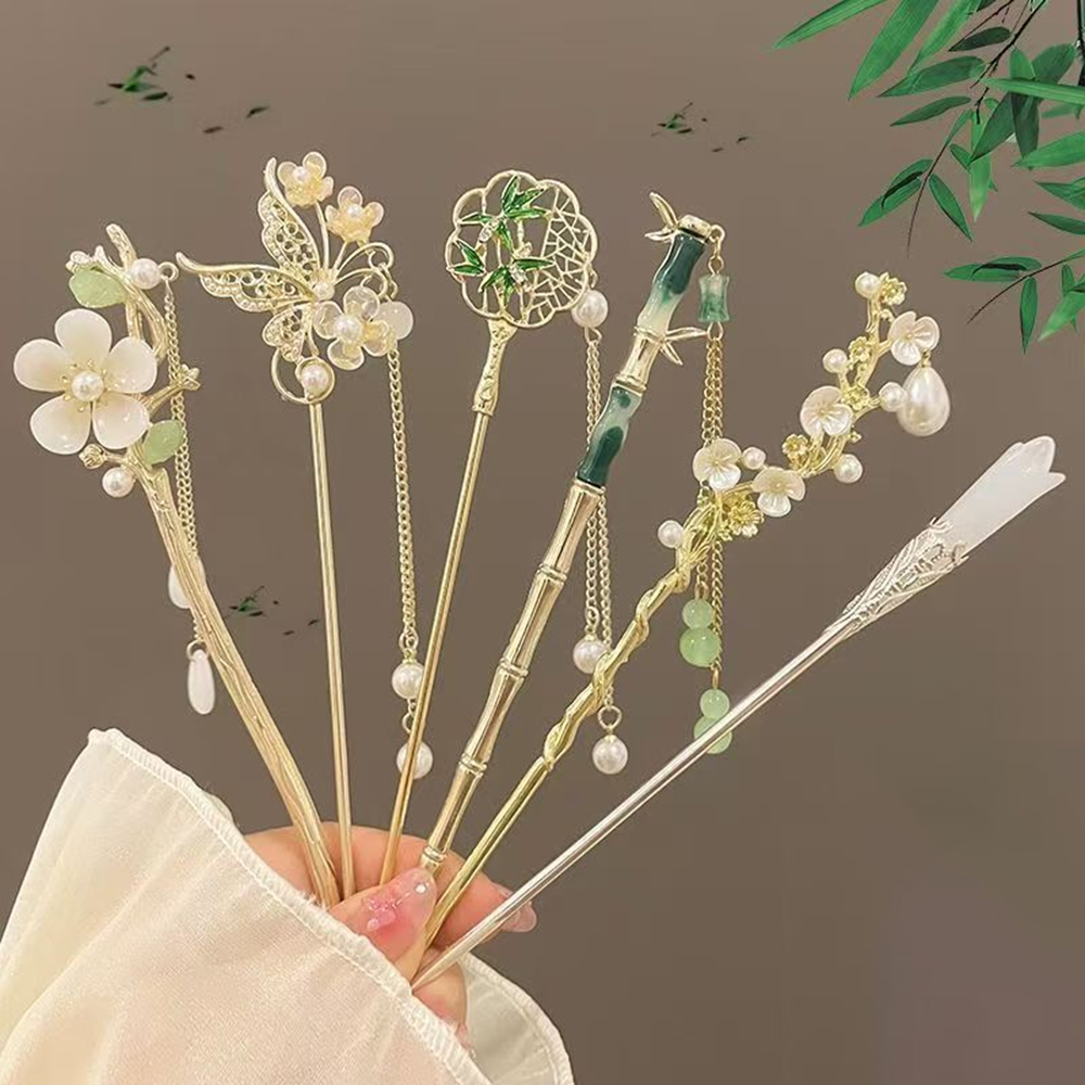 Pearl Hair Pin - กิ๊บติดผมแบบจีนโบราณ ดีไซน์ดอกไม้หรูหรา 1/6 ชิ้น สำหรับผู้หญิง เครื่องประดับผม