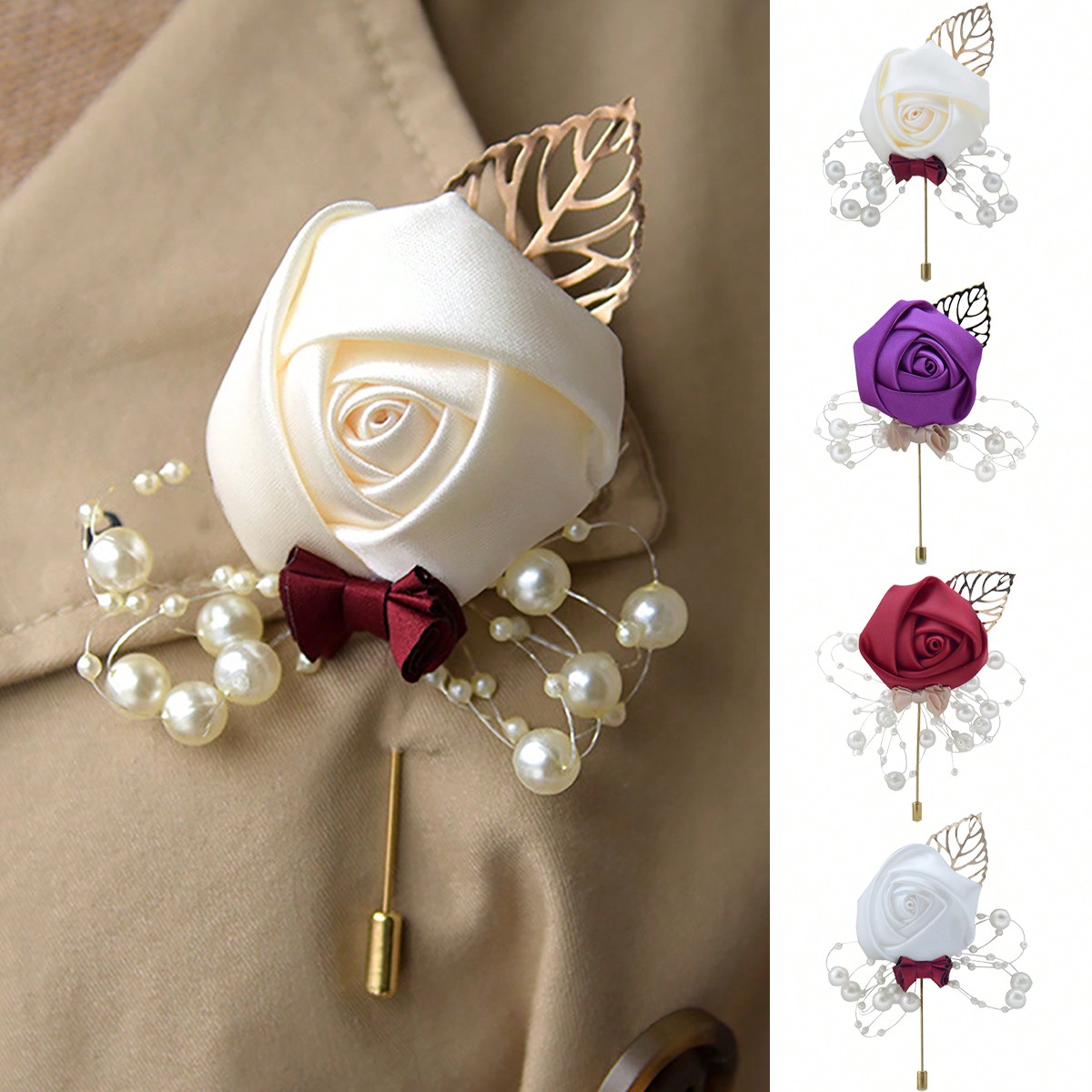 Brooch Pin Gold - ดอกกุหลาบติดปกเสื้อสำหรับเจ้าบ่าว 1 ชิ้น, โบว์ไทประดับมุกและใบไม้สีทอง, เข็มกลัดดอกไม้สำหรับงานแต่งงานทั้งชายและหญิง, เข็มกลัดตกแต่งชุดเจ้าบ่าวและเพื่อนเจ้าบ่าว,